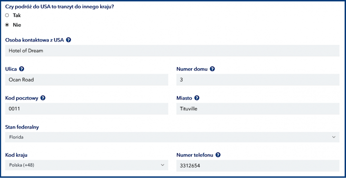 Kontakt z USA w aplikacji ESTA