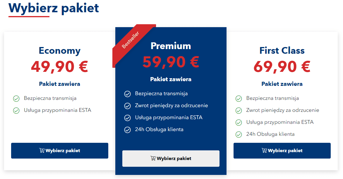 wybierz pakiet w aploklacji ESTA